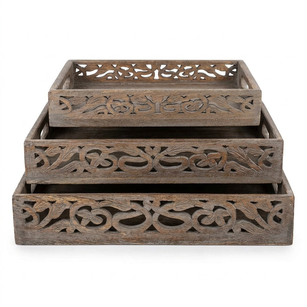 Vintage Rustic Wooden Serving Trays with Handle - Set of 3