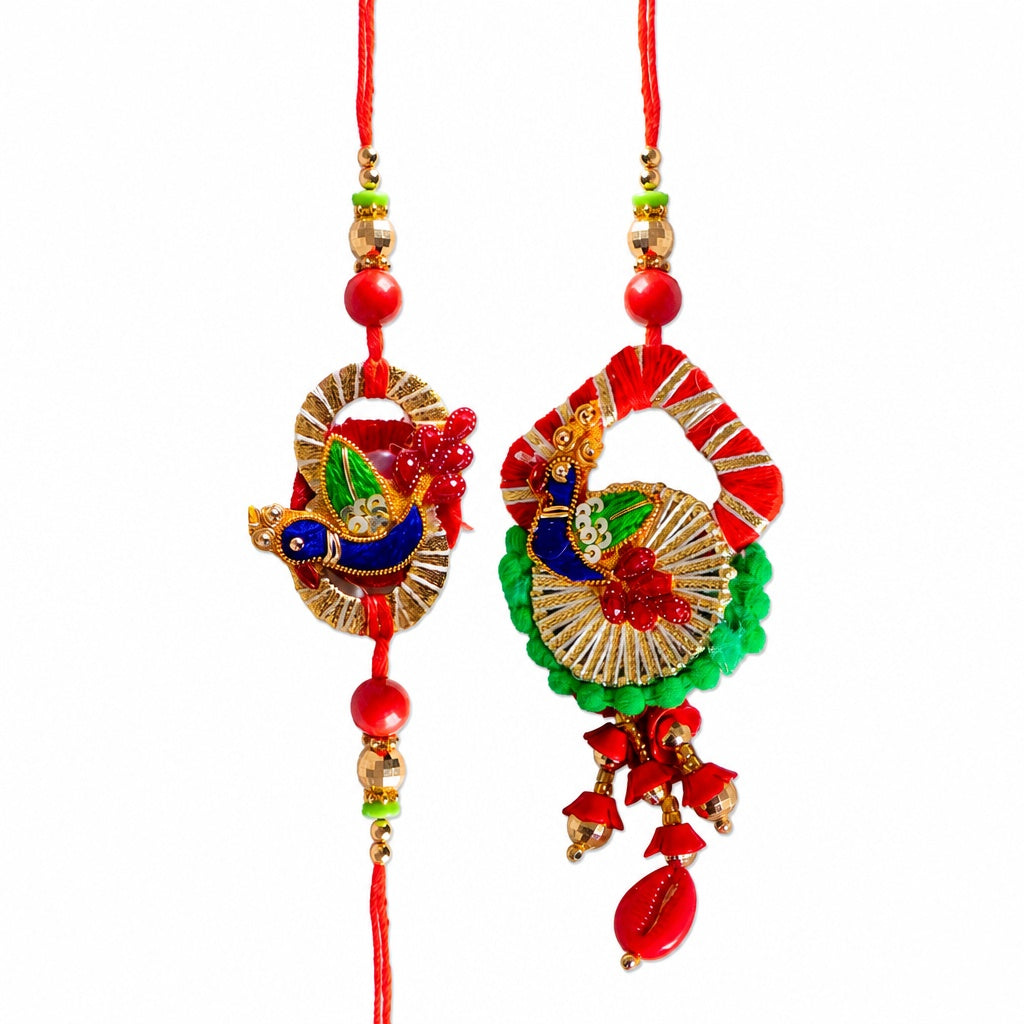 Premium Designer Red Cloth Peacock Design Rakhi Set of 2 for Bhaiya Bhabhi – Traditional Lumba Set, Thread Rakhi with Stones