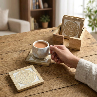 Store Indya Set of 4 Wooden Square Coasters with Holder for Tea Coffee Beer Wine Glass Drinks | Whitwash Finish with Mandala Carving |Tabletop Protection Perfect Coasters