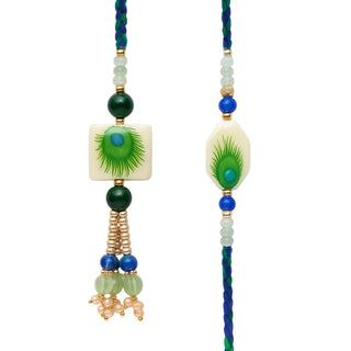 Premium Designer White Peacock Resin Rakhi Set of 2 with Roli Chawal for Bhaiya Bhabhi – Traditional Lumba Set, Thread Rakhi