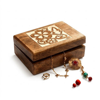 STORE INDYA Wooden Jewelry Box for Women - Hand Carved Decorative Jewelry Organizer Box with Flower Design, Trinket Storage C
