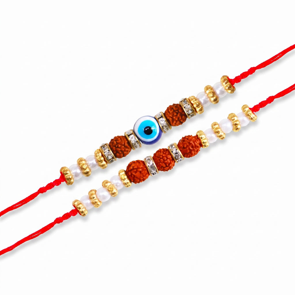 Designer Evil Eye & Rudraksha Rakhi Set of 2 for Brother – Rakhi Bracelet, Traditional Raksha Bandhan Gift, Rakhi for Bhaiya