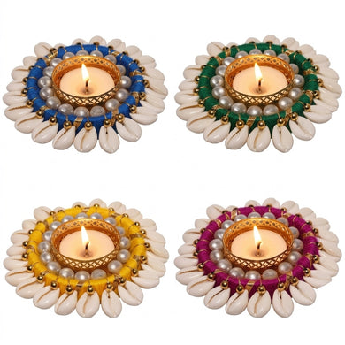 Store Indya Shell Tea Light Holders, Assorted Colors Set of 4, 3.5 Inch Diameter (Design 4)