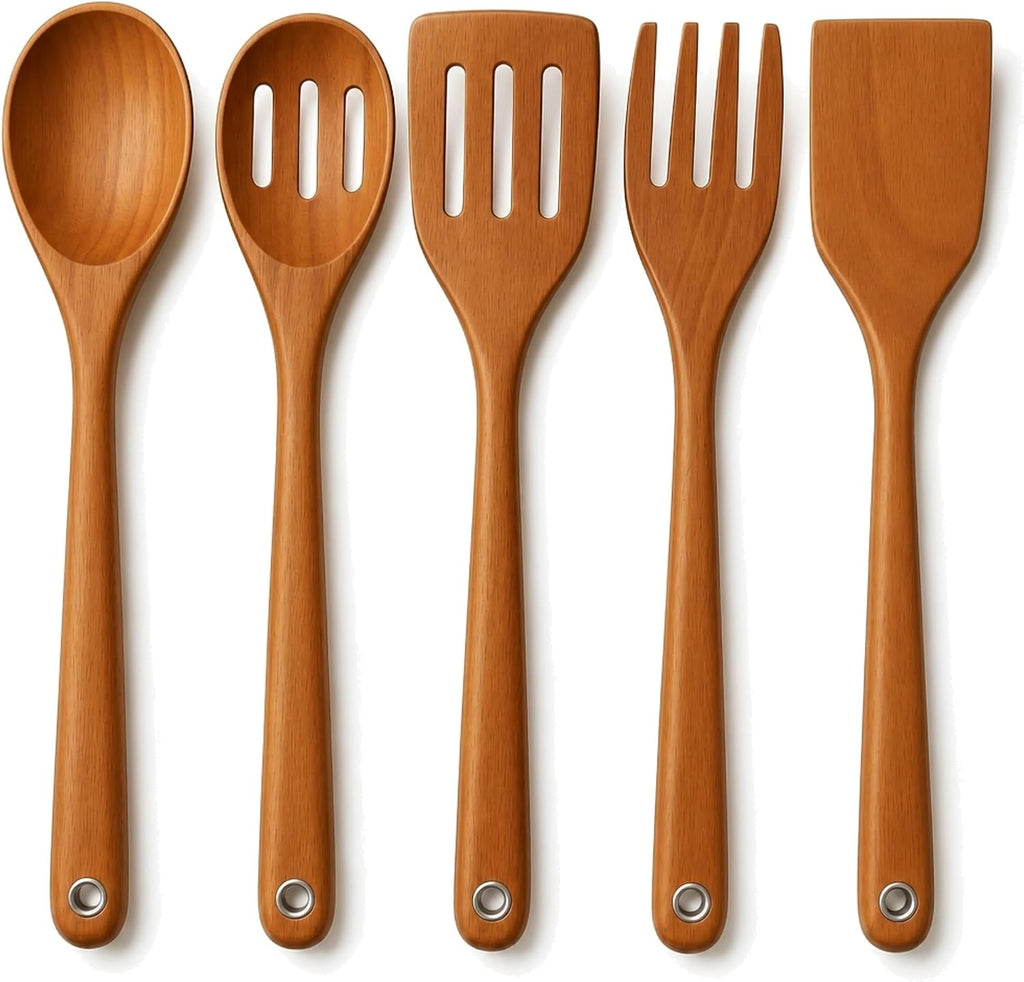 Store Indya 5-Piece Wooden Cooking Utensils Set - Nonstick Pan Spoons Ladle