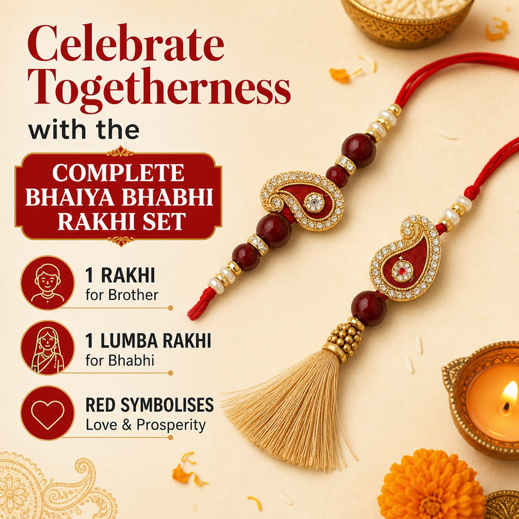 Shalinindia Bhai Bhabhi Rakhi Set of 2 – Traditional Lumba Thread Rakhi with Stones | Raksha Bandhan Gift Set for Brother & B