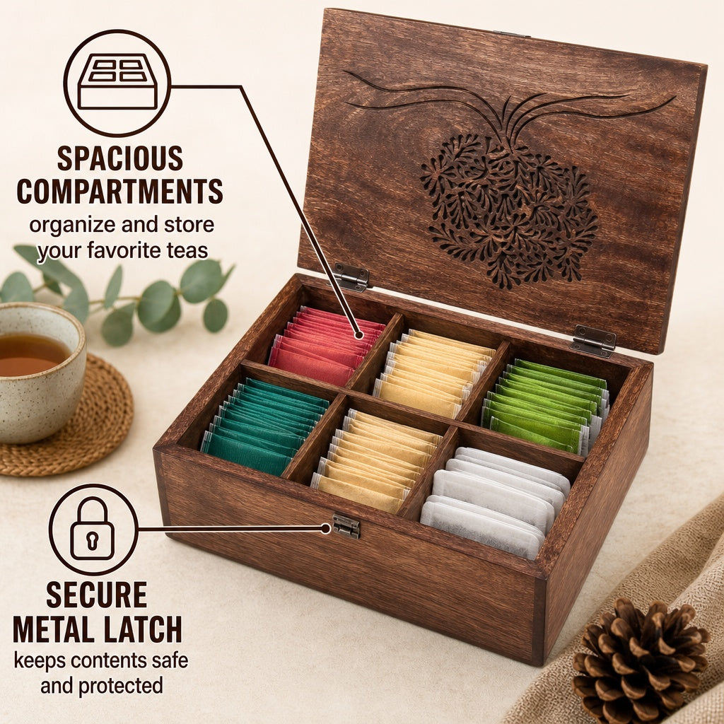 STORE INDYA Wooden Tea Box Organizer - 6 Compartment Tea Caddy with Tree of Life Design | Tea Storage Box for Tea Bags & Loos