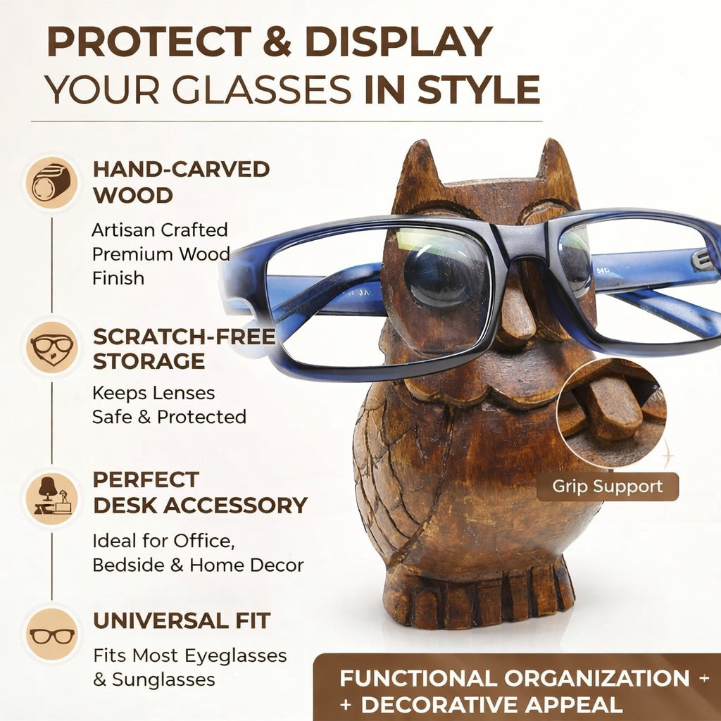 storeindya Handcrafted Wooden Eyeglass Spectacle Holder Organizer Spectacle Stand Trinket Tray Catch All Dish. (Owl-Small)