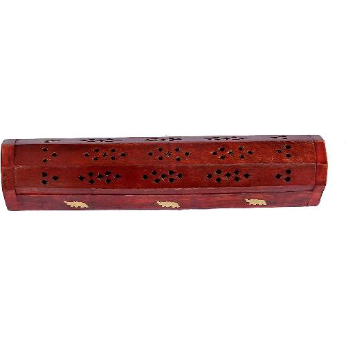 Wooden Coffin Incense Burner Holder with Brass Inlay & Storage Compartment