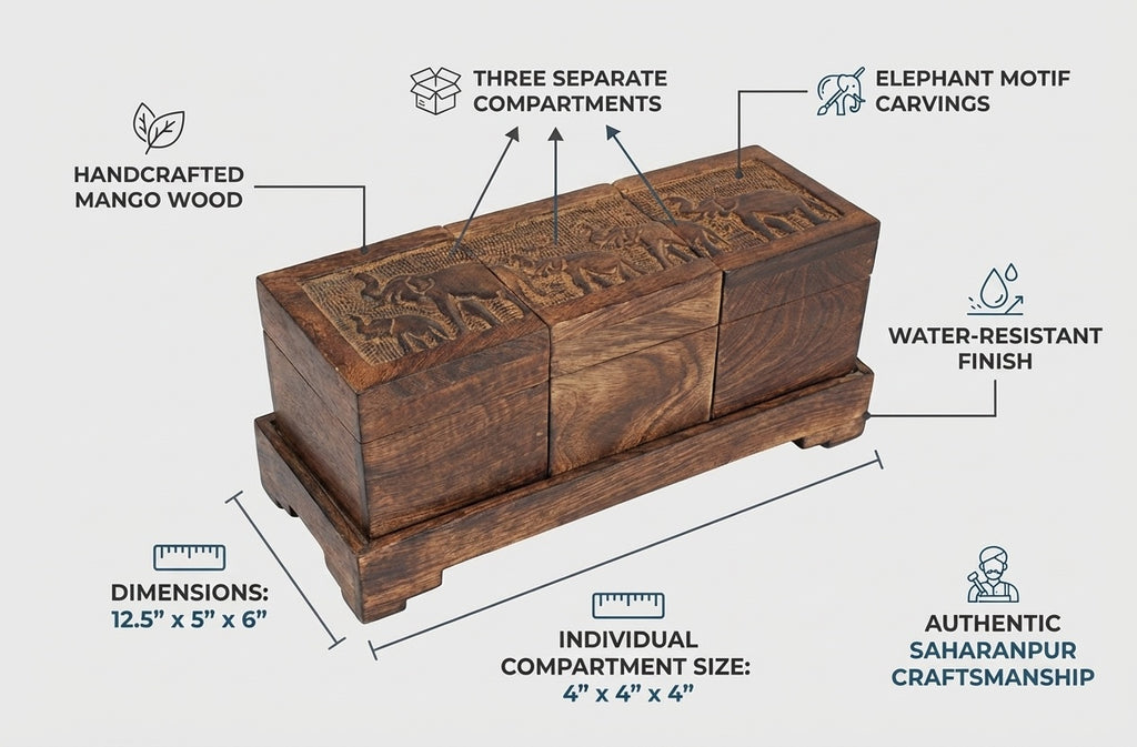 Tea Boxes Wooden/Tea Box Organizer/Tea Box Holder/Tea Storage Box/Tea Chest Boxes/Wood Tea Box Handmade Wooden Teabags Holder Chest Organizer (Elephant Trio Collection)