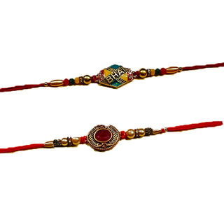 Store Indya Set of Two Rakhi for Brother | 2.0 Inches Cotton Rakhis for Brother | Multi Color Amber Gem and Bhai Letter Engraved Raksha Bandhan Rakhi Set