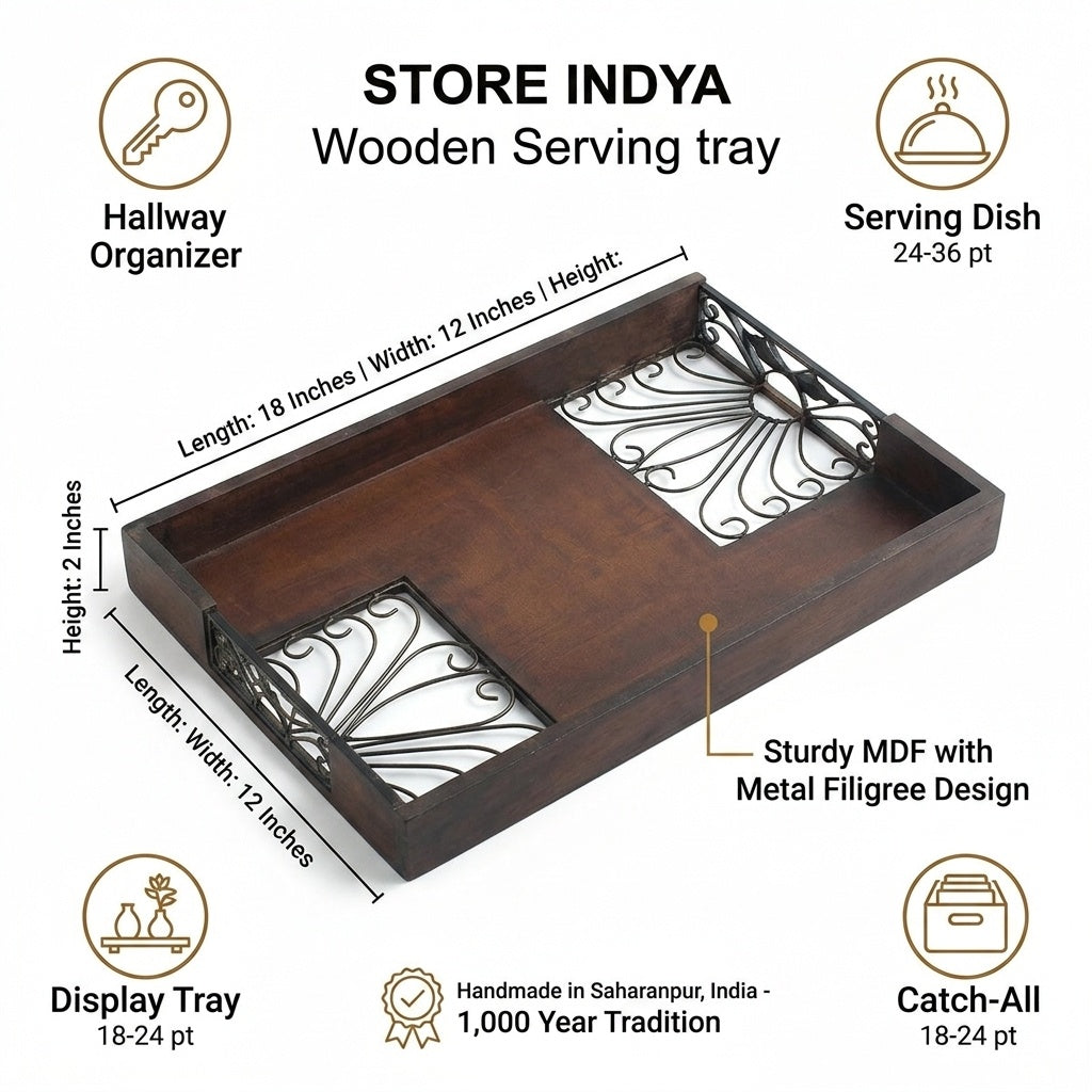 STORE INDYA Decorative Wood Serving Tray with Handles - Floral Metal Cutout Design Coffee Table Tray for Kitchen, Dining & Ho