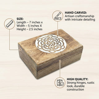 STORE INDYA Wooden Jewelry Box for Women - Handmade Mandala Carved Jewelry Organizer with Whitewash Finish - Decorative Jewel