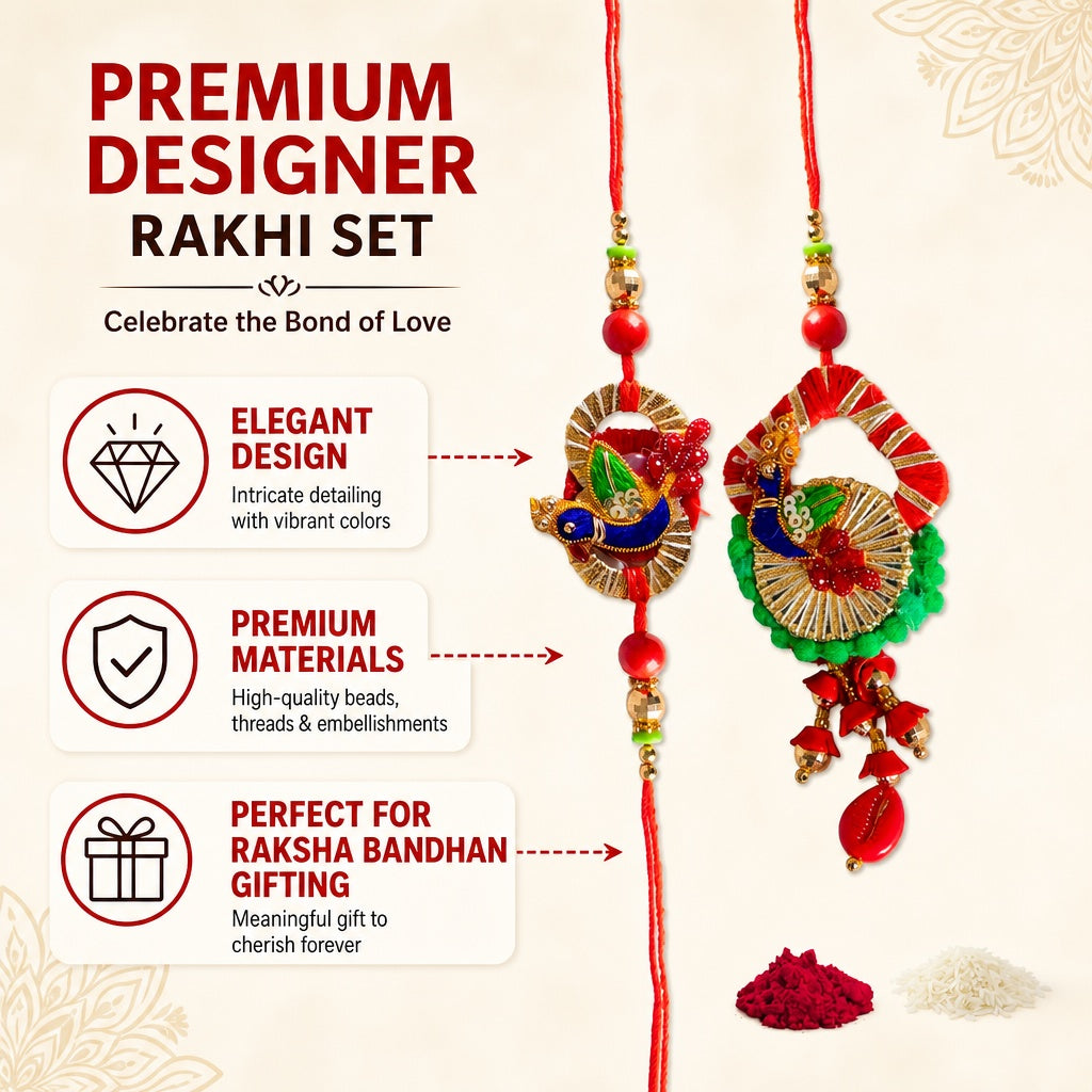 Premium Designer Red Cloth Peacock Design Rakhi Set of 2 for Bhaiya Bhabhi – Traditional Lumba Set, Thread Rakhi with Stones