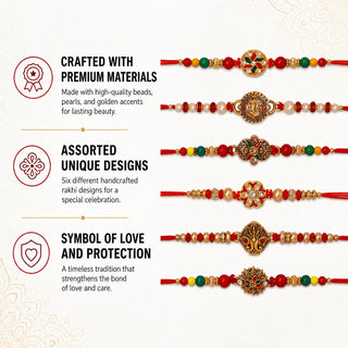 Rakhi Set of 6 for Brother, Bhai, Designer Multicolored Assorted Rakhi Bracelet Set for Raksha Bandhan