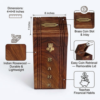 STORE INDYA Handmade Wooden Piggy Bank for Kids, Boys, Girls & Adults - Decorative Coin Money Bank Savings Box - Perfect Gift