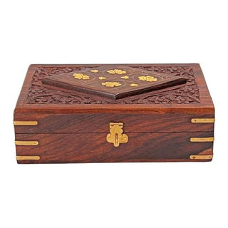 Hand Carved Wooden Jewelry Trinket Holder-Decorative Keepsake Storage Box with Brass Inlay