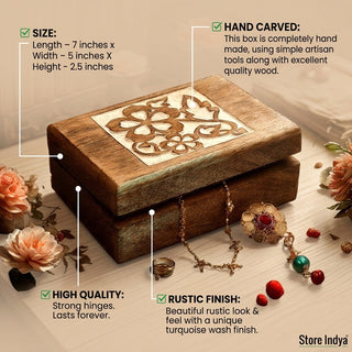 STORE INDYA Wooden Jewelry Box for Women - Hand Carved Decorative Jewelry Organizer Box with Flower Design, Trinket Storage C