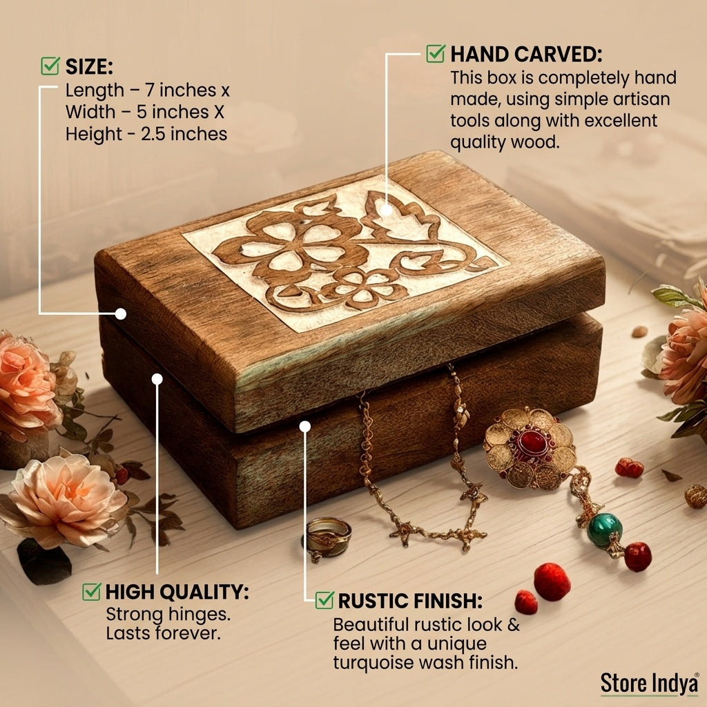 STORE INDYA Wooden Jewelry Box for Women - Hand Carved Decorative Jewelry Organizer Box with Flower Design, Trinket Storage C