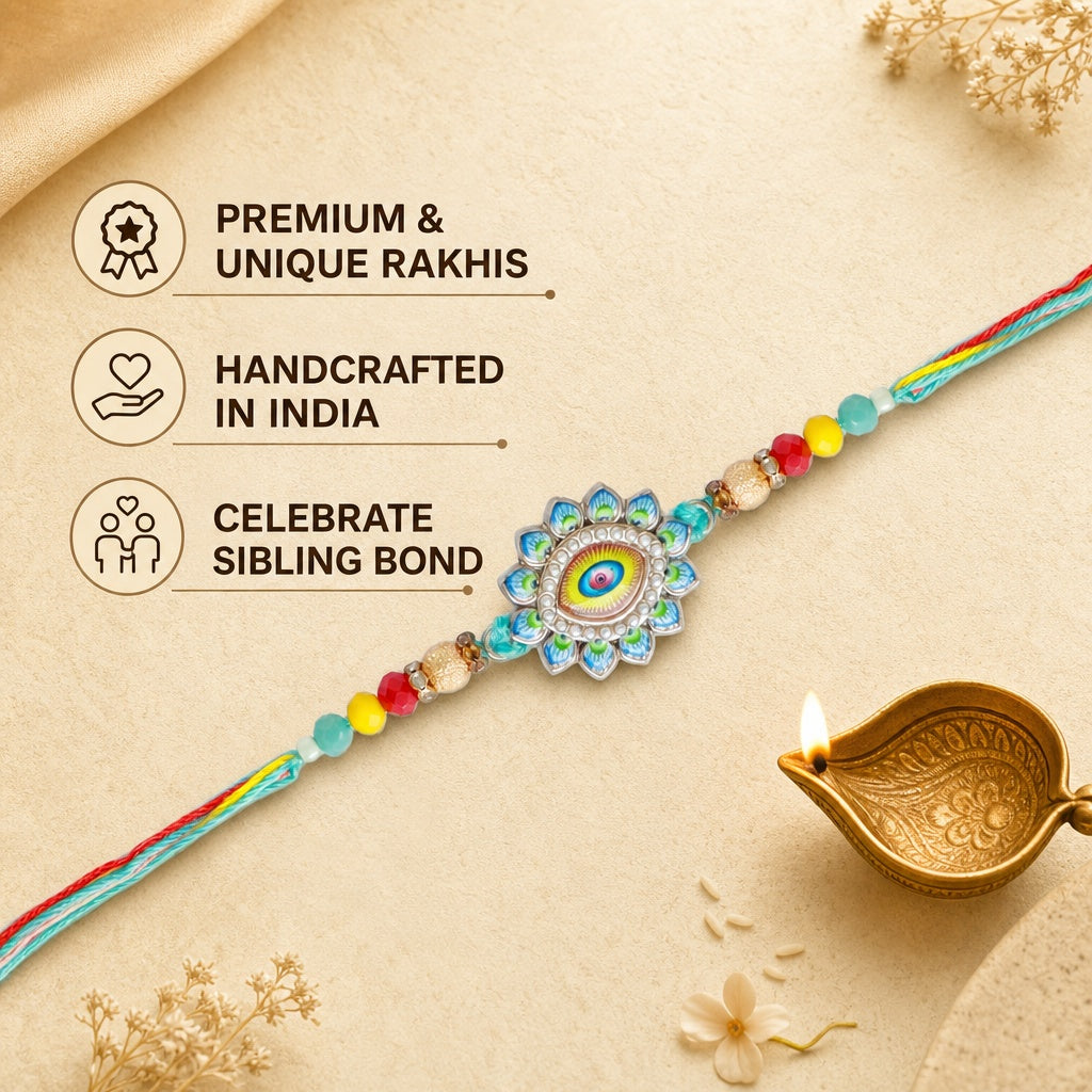 Store Indya Premium Designer Evil Eye Rakhi Set of 2 | for Bhaiya Bhabhi – Traditional Lumba Set, Thread Rakhi with Stones – 