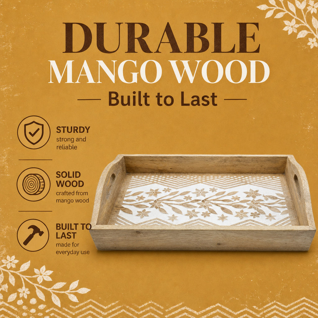 Store Indya Hand-Carved Wooden Serving Tray with Handles | Breakfast Tray for Tea, Snacks & Dessert | Kitchen Serveware | 15x10 Inches