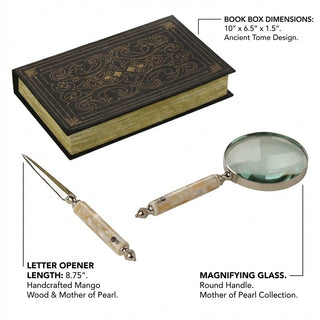storeindya Magnifying Glass for Reading - Handheld Magnifier with Letter Opener Set, Vintage Mango Wood & Mother of Pearl, Bo