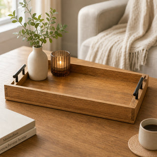 Shalinindia Mango Wooden Serving Tray, Metal Handles, Rustic, Brown
