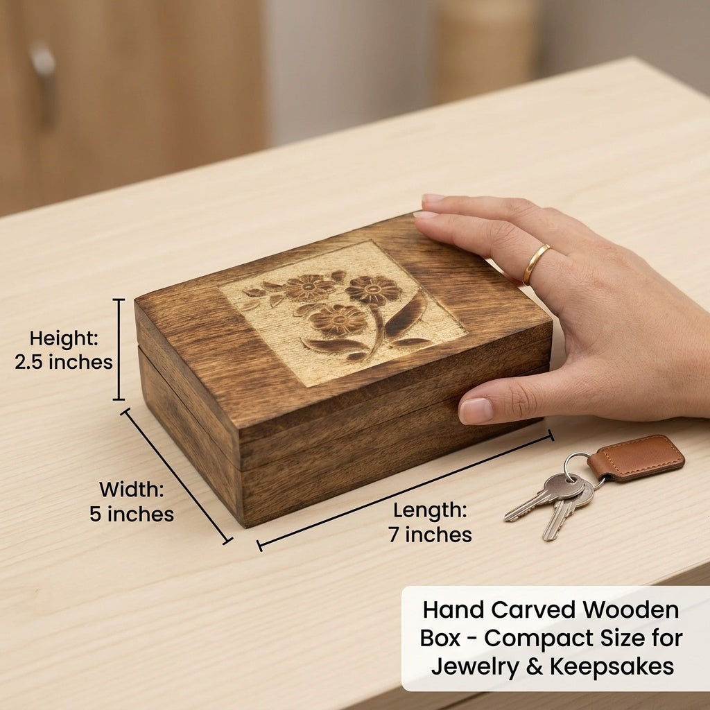 STORE INDYA Wooden Jewelry Box for Women | Hand Carved Decorative Jewelry Organizer with Flower Design | Treasure Keepsake Bo