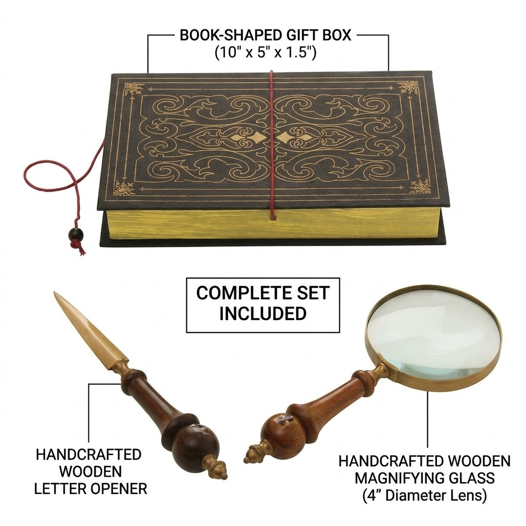 Storeindya Magnifying Glass Handheld | Vintage Wooden Handcrafted Reading Magnifier & Letter Opener Set | Mango Wood with Gif