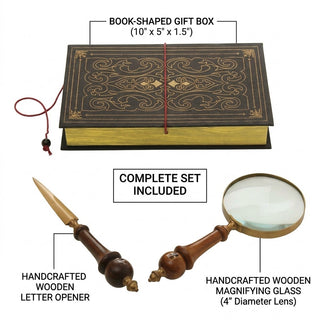 Storeindya Magnifying Glass Handheld | Vintage Wooden Handcrafted Reading Magnifier & Letter Opener Set | Mango Wood with Gif