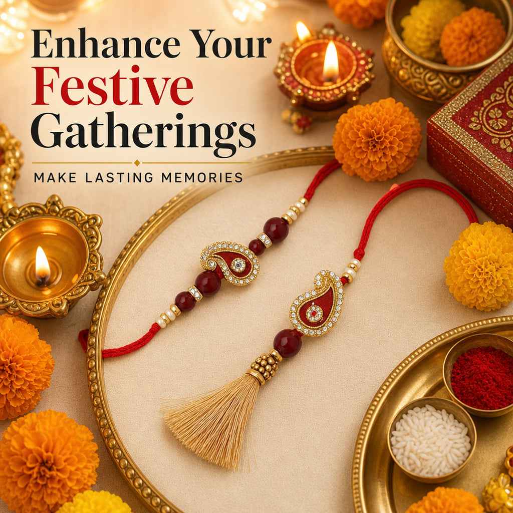 Shalinindia Bhai Bhabhi Rakhi Set of 2 – Traditional Lumba Thread Rakhi with Stones | Raksha Bandhan Gift Set for Brother & B