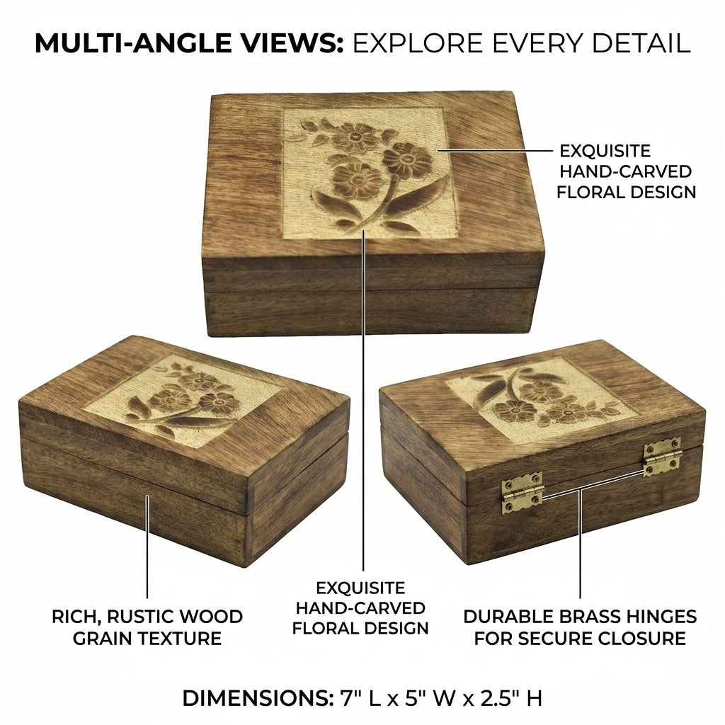 STORE INDYA Wooden Jewelry Box for Women | Hand Carved Decorative Jewelry Organizer with Flower Design | Treasure Keepsake Bo