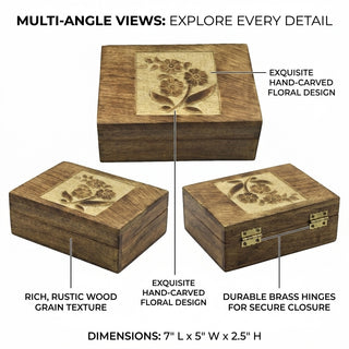 STORE INDYA Wooden Jewelry Box for Women | Hand Carved Decorative Jewelry Organizer with Flower Design | Treasure Keepsake Bo