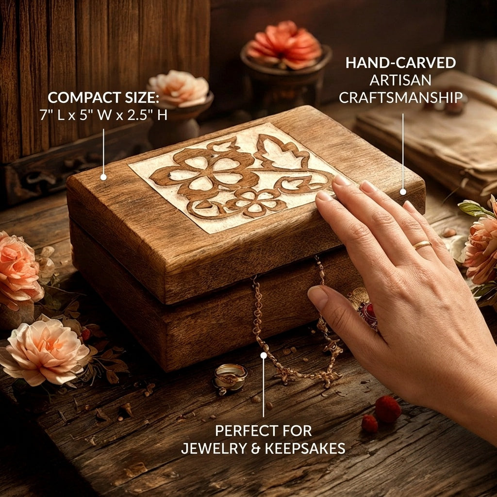 STORE INDYA Wooden Jewelry Box for Women - Hand Carved Decorative Jewelry Organizer Box with Flower Design, Trinket Storage C