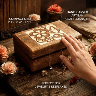 STORE INDYA Wooden Jewelry Box for Women - Hand Carved Decorative Jewelry Organizer Box with Flower Design, Trinket Storage C