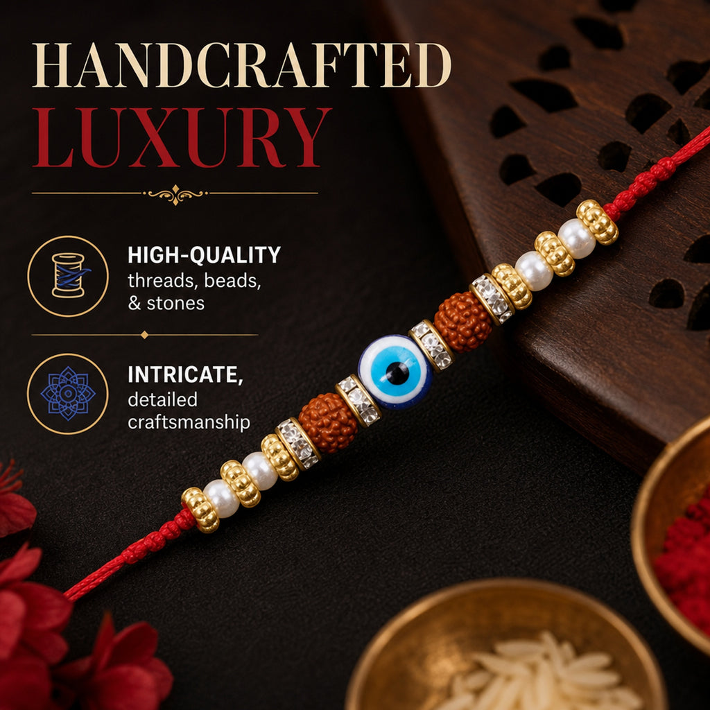 Designer Evil Eye & Rudraksha Rakhi Set of 2 for Brother – Rakhi Bracelet, Traditional Raksha Bandhan Gift, Rakhi for Bhaiya