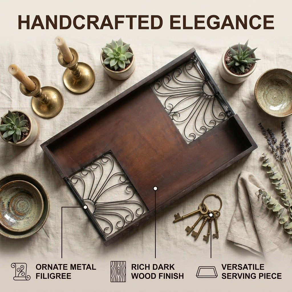 STORE INDYA Decorative Wood Serving Tray with Handles - Floral Metal Cutout Design Coffee Table Tray for Kitchen, Dining & Ho