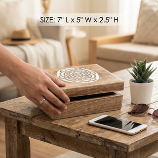 STORE INDYA Wooden Jewelry Box for Women - Handmade Mandala Carved Jewelry Organizer with Whitewash Finish - Decorative Jewel