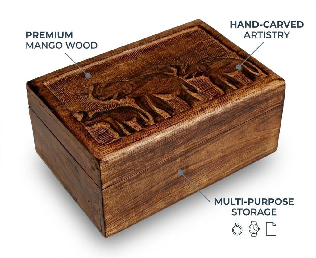 STOREINDYA Wooden Handmade Treasure Chest Box - Antique Jewelry Keepsake Storage with Elephant Design, Lock & Trinket Holder for Watches & Accessories