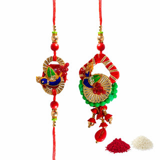 Premium Designer Red Cloth Peacock Design Rakhi Set of 2 for Bhaiya Bhabhi – Traditional Lumba Set, Thread Rakhi with Stones