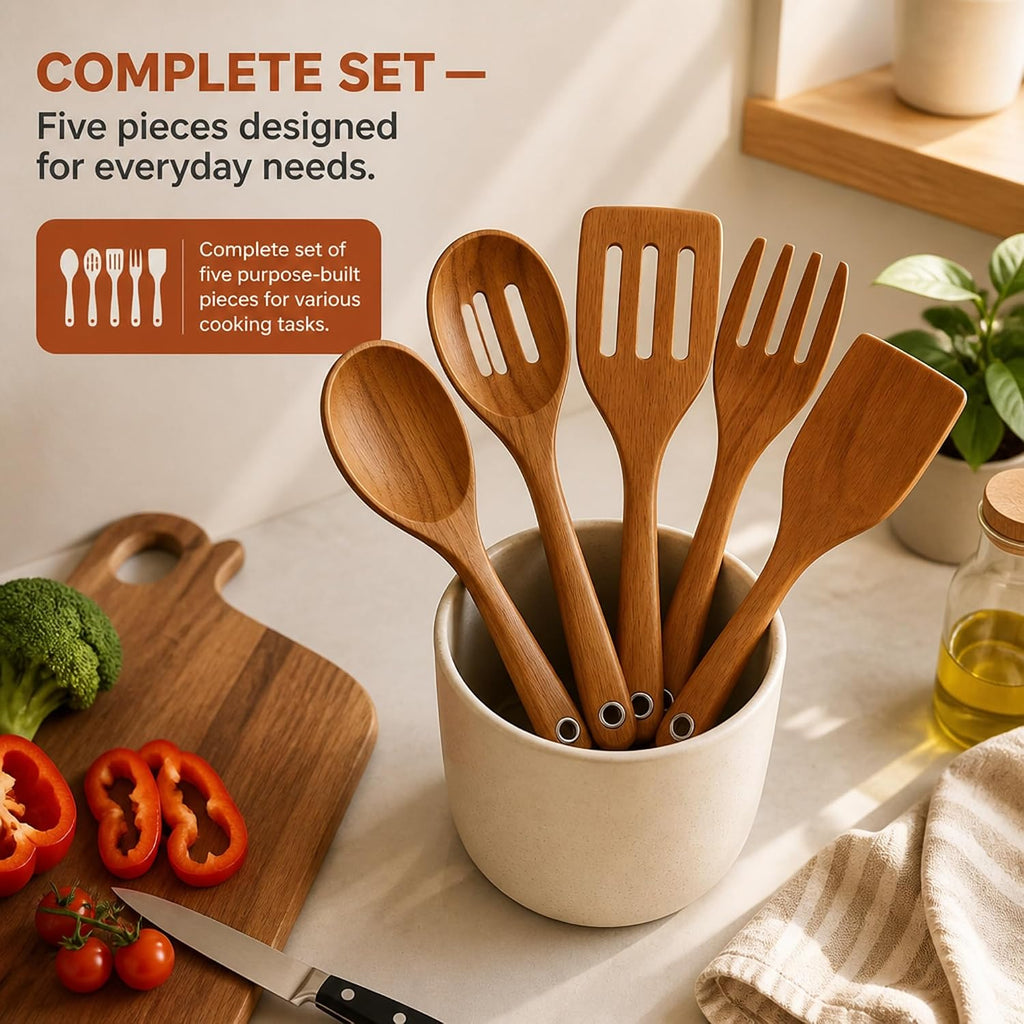 Store Indya 5-Piece Wooden Cooking Utensils Set - Nonstick Pan Spoons Ladle