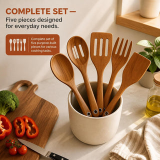 Store Indya 5-Piece Wooden Cooking Utensils Set - Nonstick Pan Spoons Ladle