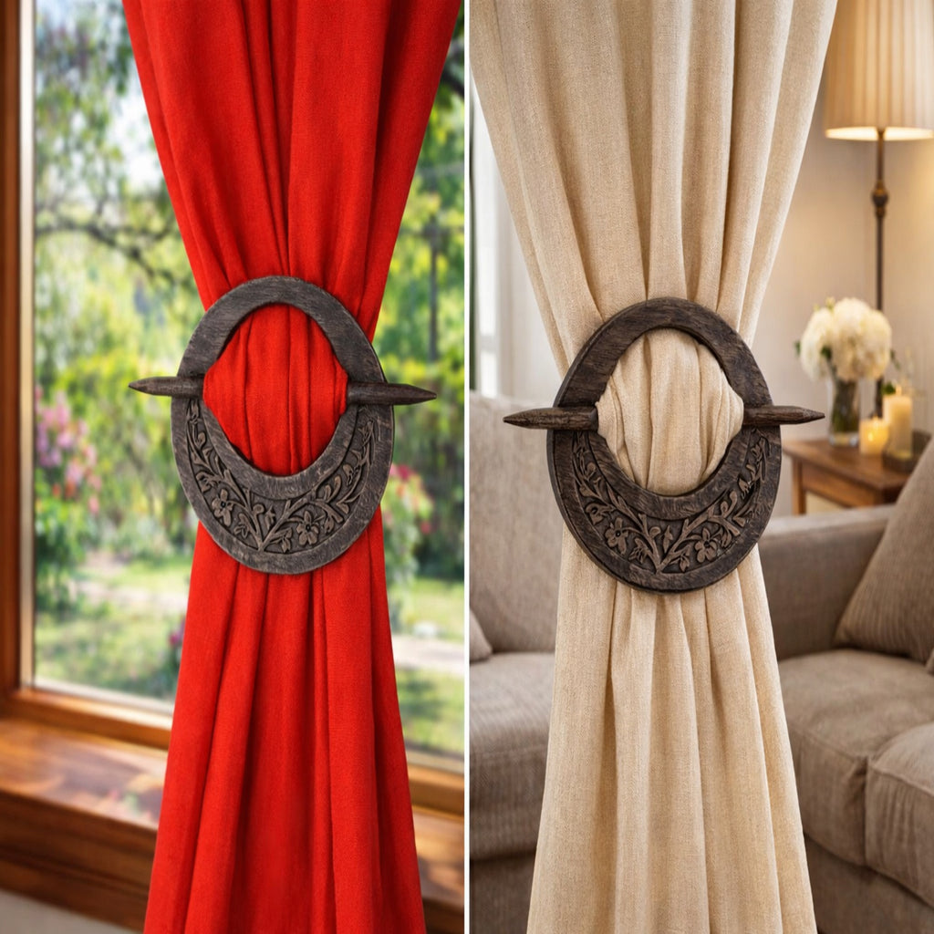 StoreIndya Wooden Curtain Tiebacks Set of 2 - Hand Carved Floral Design Curtain Holdbacks Tie Backs for Window Drapes Home Decor