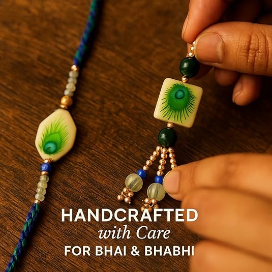 Premium Designer White Peacock Resin Rakhi Set of 2 with Roli Chawal for Bhaiya Bhabhi – Traditional Lumba Set, Thread Rakhi