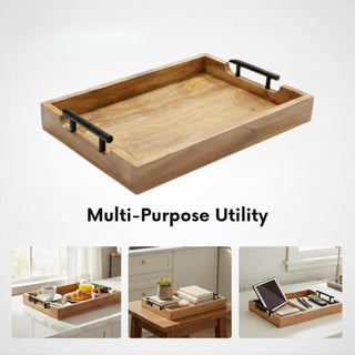 STORE INDYA Mango Wood Serving Tray with Metal Handles – Rustic Coffee Table & Ottoman Tray for Living Room, Kitchen, Breakfast in Bed, and Gatherings