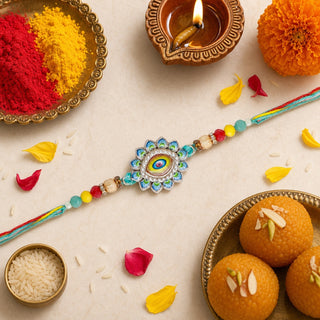 Store Indya Premium Designer Evil Eye Rakhi Set of 2 | for Bhaiya Bhabhi – Traditional Lumba Set, Thread Rakhi with Stones – 