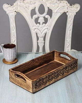 STORE INDYA Rustic Large Wooden Serving Tray Platter for Tea Snack Dessert with Handle Hand Carved Floral Design Kitchen Dini