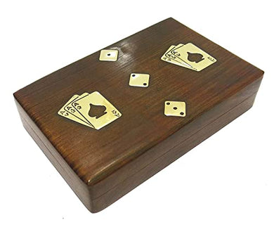 Double Playing Cards with 5 Dices in Handmade Wooden Storage Box Case Holder with 2 Decks Antique Design Anniversary Birthday Gift