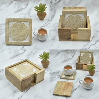Store Indya Set of 4 Wooden Square Coasters with Holder for Tea Coffee Beer Wine Glass Drinks | Whitwash Finish with Mandala Carving |Tabletop Protection Perfect Coasters