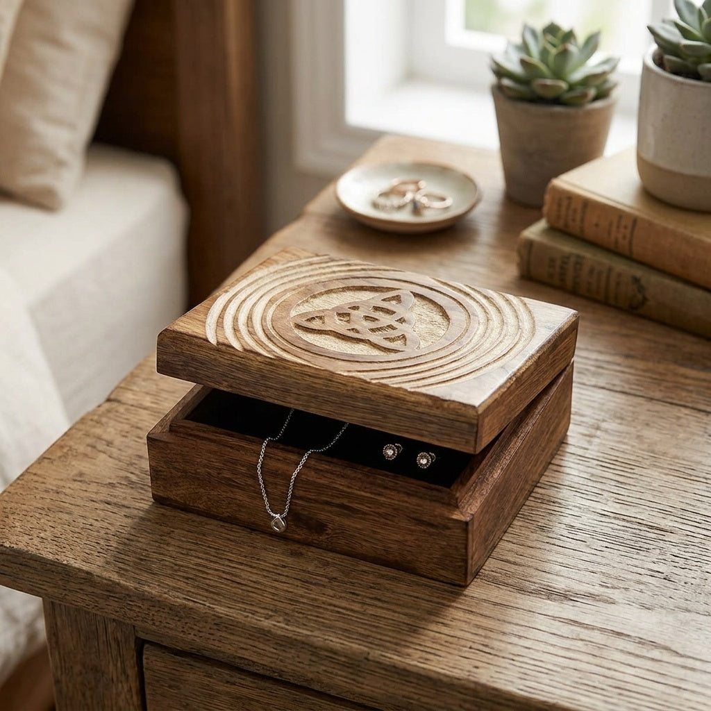 STORE INDYA Wooden Jewelry Box for Women - Hand Carved Decorative Pentagram Design | Jewelry Organizer Trinket Box for Keepsakes, Watches & Gifts