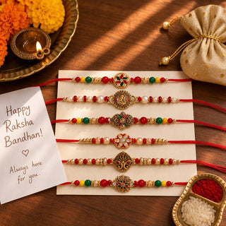 Rakhi Set of 6 for Brother, Bhai, Designer Multicolored Assorted Rakhi Bracelet Set for Raksha Bandhan